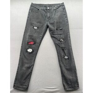 Waimea Jeans Mens Skinny Fit Distressed Patchwork Black Faded Ripped Denim 36x32